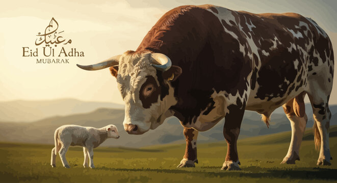 Eid Al Adha Muslim Festival Celebration Featuring Bull and Lamb