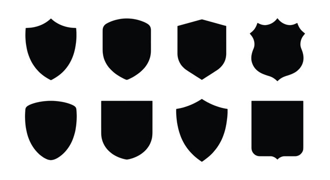 Black shield silhouette icons set, 8 heraldic crest shapes for logo design, minimalist security and protection symbols, vector guard badges
