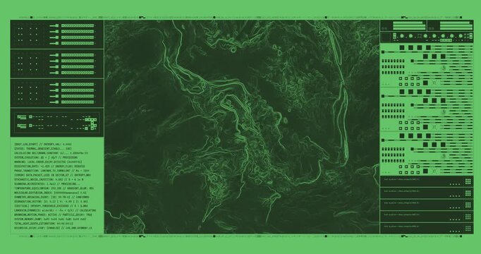 Abstract green HUD interface with topographic terrain scanning and scrolling data terminal loop