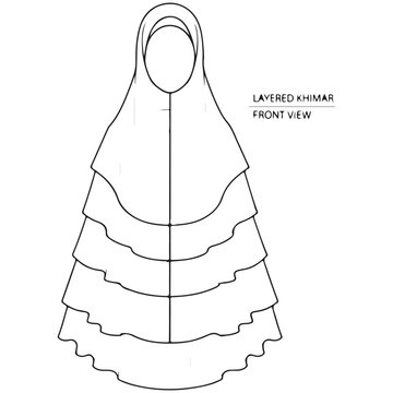 Layered khimar front view fashion technical sketch for modest Islamic garment design illustration