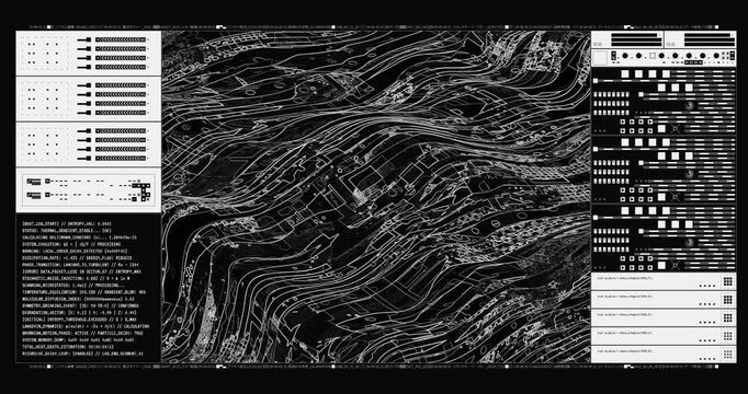 Abstract black and white sci-fi HUD interface with topographic landscape scanning and terminal data code loop