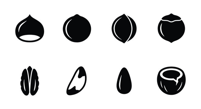 Minimalist nut icons set, black silhouette nut and seed vector elements, collection of 8 organic food symbols for packaging design and healthy snacks