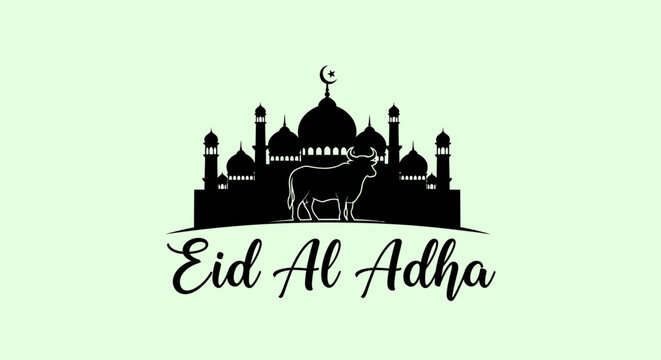 Eid Al Adha celebration with cow and mosque illustration