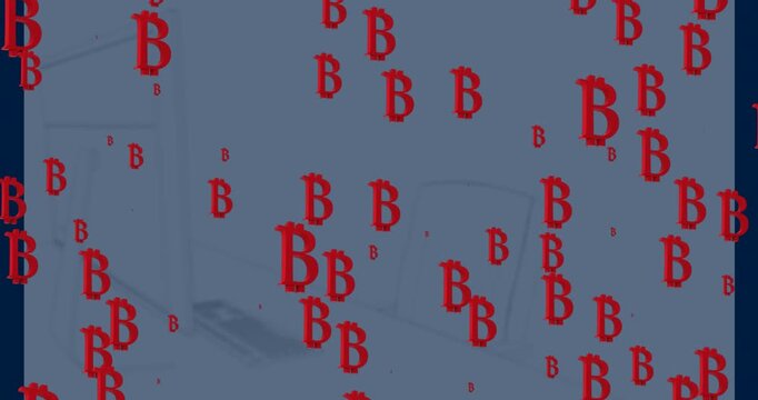 Animation of bitcoins icons over office