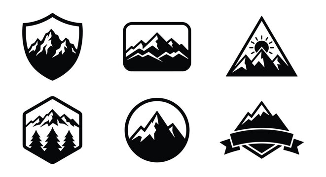 Vintage mountain logo set, black and white outdoor adventure badges, 6 vector mountain peak icons, rustic nature emblems for camping and hiking