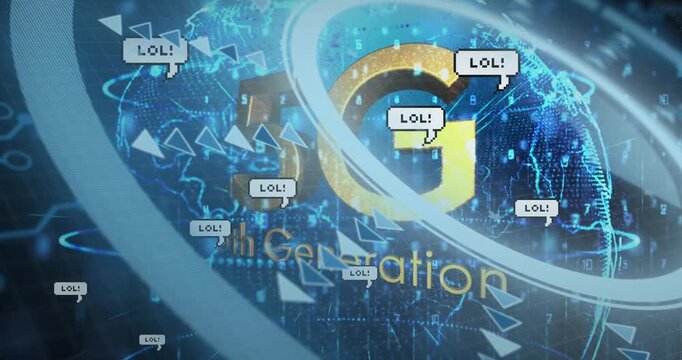 Animation of 5g 5th generation text and speech bubbles over data processing on blue background