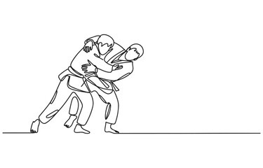 Obraz premium Single line art illustration of two judo athletes in a dynamic pose one lifting the other in a throw martial arts white background grappling movement wrestling submission competition training