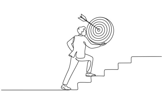 Businessman climbing stairs with a target on his back symbolizing career goals businessman climbing objective business illustration motivation progress ambition achievement opportunity