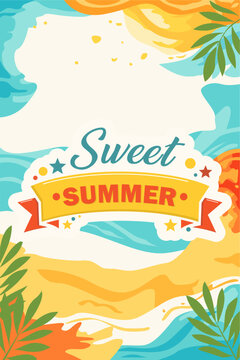 Sweet Summer Tropical Beach Background with Palm Leaves and Sea Waves Illustration