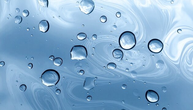 Close-up of clear water droplets on a blue, swirling abstract background
