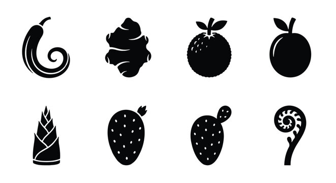 Minimalist black fruit and vegetable icon set, 8 organic food vector elements, flat silhouette symbols of ginger, chili, orange, and cactus