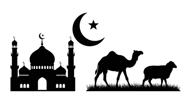 Vector silhouettes depicting key Islamic symbols a majestic mosque, the crescent moon and star, and animals like a camel and a sheep, representing faith and traditional culture