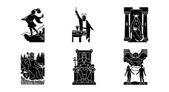 Mystical tarot card icons set, black and white occult major arcana symbols, 6 vector illustrations of esoteric spiritual archetypes for divination