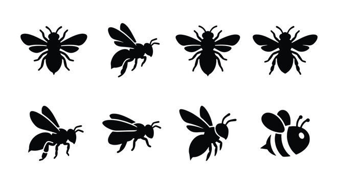 Honey bee silhouette icons set, 8 black bumblebee vector elements, flying insect graphic symbols for nature branding and honey packaging design