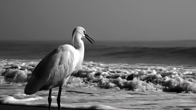 Black and white portrait of a snowy egret standing near foamy ocean waves on the beach