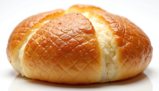 Golden brown baked bun with diamond pattern crust. Creamy white filling peeks through. Fresh pastry isolated on plain background. Delicious sweet treat.