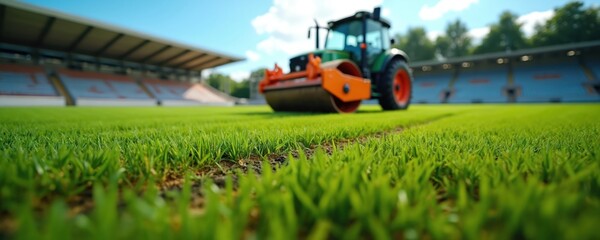 Obraz premium Tractor with roller flattens green grass pitch in empty stadium. Groundskeeper prepares sports field for game. Upkeep for professional athletic arena.