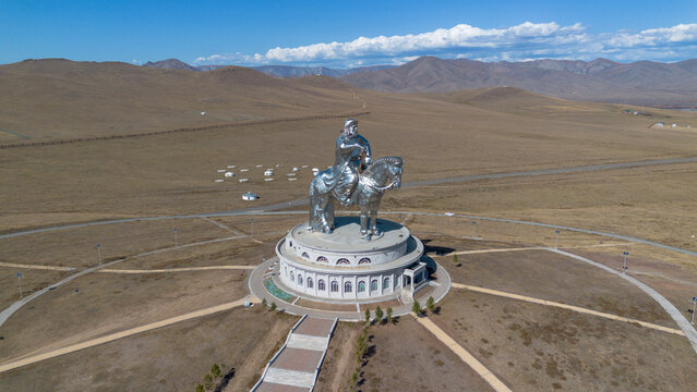 Genghis Khan statue in Mongolia outdoors with mountain landscape