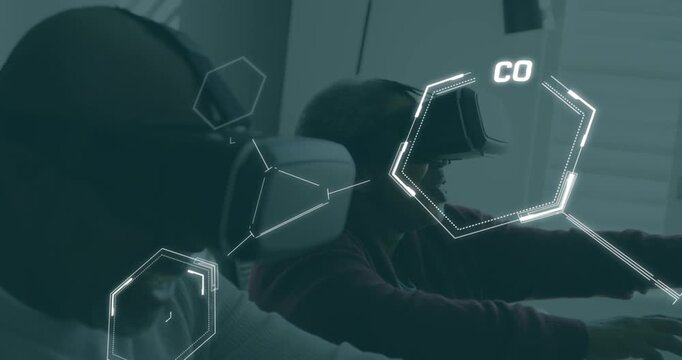 Animation of chemical formulas over african american couple in vr headsets
