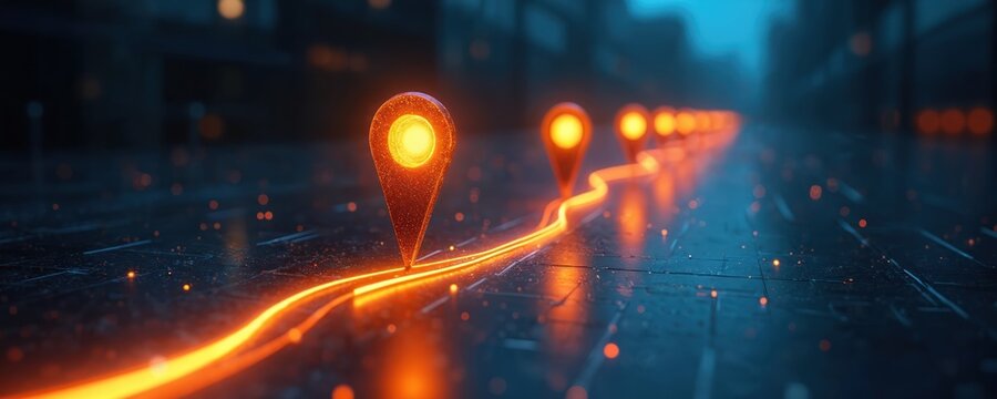 Glowing map pins mark a winding path on dark surface. Orange light illuminates route with checkpoints, suggesting journey progress, business strategy, or project milestones ahead.