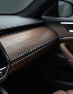 Interior view of luxury car dashboard with dark wood trim and leather accents. Features minimalist design, advanced tech elements, and premium comfort. Ideal for automotive content.