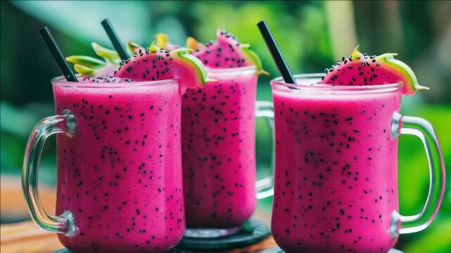 Two refreshing purple boba tea beverages with black straws, served in clear mugs on a wooden table.