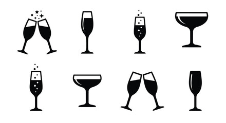 Champagne glass icons set, black sparkling wine flute and coupe silhouettes, 8 vector elements for celebration and wedding events © MmImran