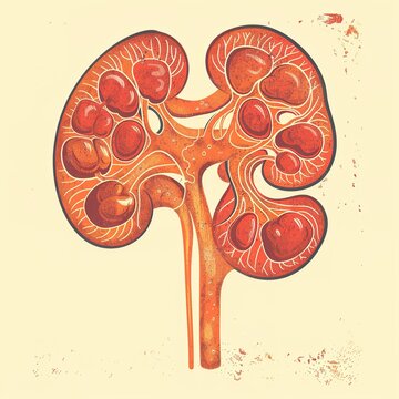 An illustration of a human kidney with multiple cysts and damage