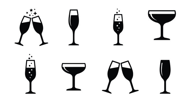 Champagne glass icons set, black sparkling wine flute and coupe silhouettes, 8 vector elements for celebration and wedding events