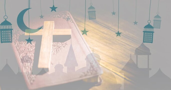 Book bearing cross on table, overlays rising showing crescent stars lanterns for faith branding