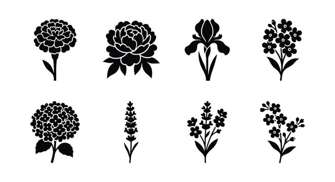 Minimalist black floral icons set, 8 botanical vector silhouettes including peony and lavender, elegant flower line art for wedding branding