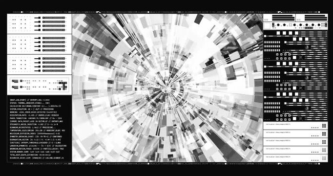Abstract black and white sci-fi HUD interface with circular data tunnel and scrolling terminal code loop