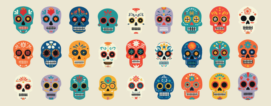 Sugar skulls vector set, Day of the Dead illustrations, Mexican culture Calavera graphics, colorful festive skull icons, Dia de los Muertos decor elements, traditional holiday floral skulls, ethnic fo