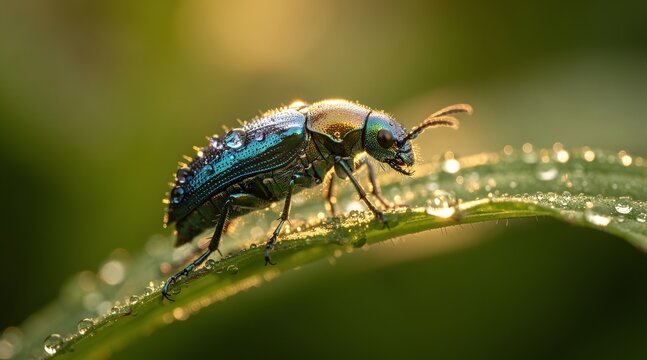 Close up of metallic jewel beetle on green leaf with sparkling dew drops at sunrise