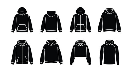 Black hoodie vector icons set, hooded sweatshirt apparel templates for fashion design, 8 garment silhouettes including zip-up and pullover styles © MmImran