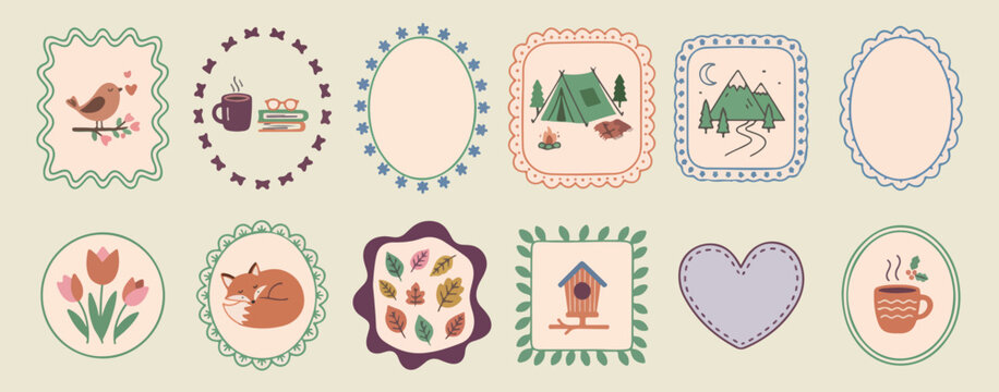 Outdoor camping adventure frames, nature landscape vector badges, forest mountain travel icons, wild camping equipment graphics, tent and campfire border elements, exploring wilderness sticker set, ru