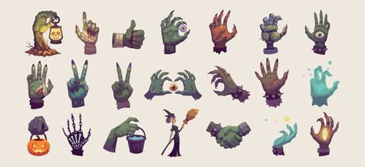 Halloween spooky hand elements, zombie hands vector set, creepy festive holiday graphics, witch broom and potion icons, scary monster hand illustrations, dark aesthetic autumn decor, mystic magic spel © Geetaroy