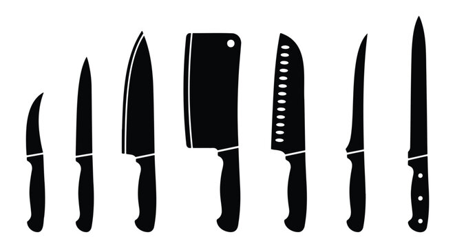 Professional kitchen knife set silhouette, collection of 7 culinary chef knives, black steel blade icons for restaurant menu and cooking design