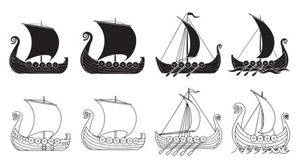 Sailboat icon set with vintage Viking longship designs and detailed hull ornaments in black and white © MissBeauty