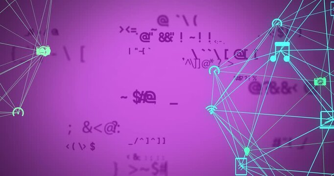 Animation of network of connections with icons and math formulas on pink background