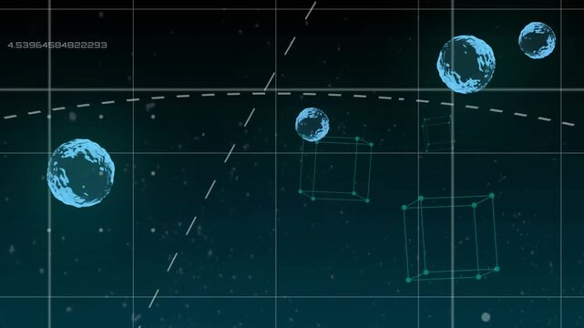 Animation of globes floating over data processing on black background