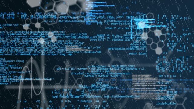 Animation of white hexagons over data processing on black and blue background