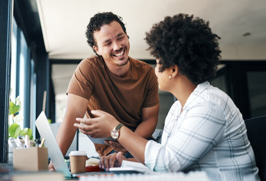 Happy, people and advice with laptop in office for headline idea, story feedback and creative guidance. Journalist, editor and tech at media agency for article tips, fact checking draft and teamwork