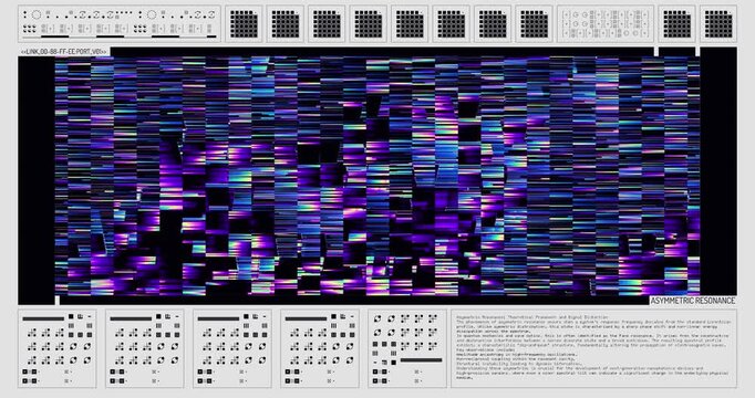 Abstract cyberpunk data glitch interface with sci-fi HUD elements and asymmetric resonance loop
