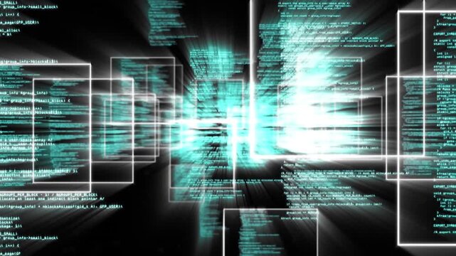 Animation of data processing over screens on black background