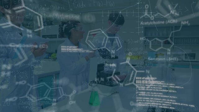 Animation of science data processing over diverse group of scientist in laboratory