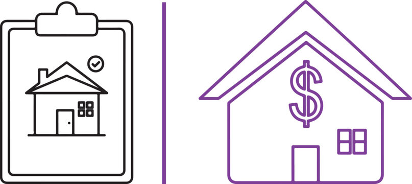 Real estate appraisal and home valuation vector line art icons for mortgage and property investment concepts