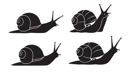 Snail shell icons set with black silhouettes and white outlines, showing crawling positions for nature themed branding © MissBeauty