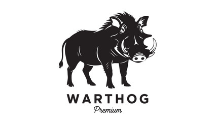 Fototapeta premium Warhog logo with black wild boar silhouette and premium text design for branding and t-shirt use featuring hog emblem, mascot, animal icon with badge