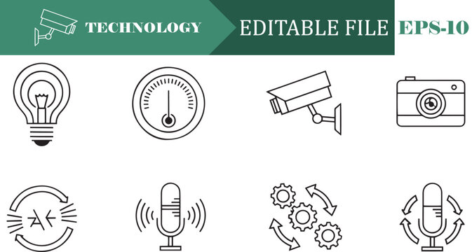 Technology and Smart Device Icon Set Featuring Security Camera Light Bulb Microphone Gauge and Camera Symbols in Thin Line Art Style